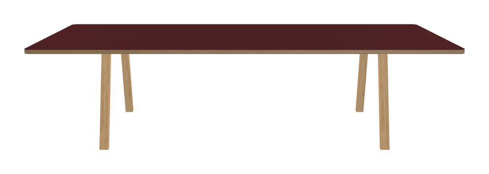 DIN PLUS Table - Shape Square - Length 300.00 cm - Width 140.00 cm - Radius 5.00 cm - Thickness 3 cm - Freeform 1.00000000 - Surface Linoleum, 4154 Burgundy - Core Laminboard - Edge Wood, Oak - Profile Edge 90° / DIN PLUS Table Frame - Material and Colour Wood, Oak, matt oiled - Length 206 cm - Width L - Leg Profile Rectangular - Set 2 Pieces