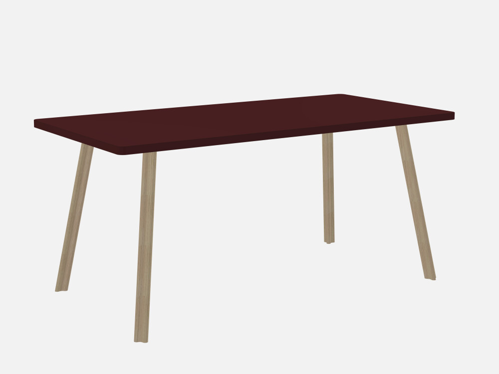 BEAM Tisch von Daniel Lorch mit Holzbeinen und einer bordeauxfarbenen Linoleum-Tischplatte