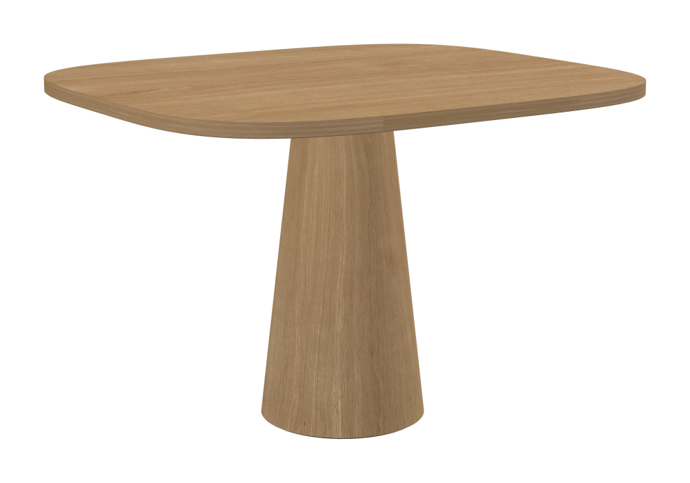 ALT Tisch - Form Superellipse - Länge 115,00 cm - Tiefe 100,00 cm - Superellipse Exponent 4,00  - Stärke 2,9 cm - Freiformfläche 1.00000000 - Oberseite Holzfurnier, Eiche - Kern Stäbchenplatte - Kante Holz, Eiche - Kantenschräge 90° / ALT Tischsäule - Oberseite Holzfurnier, Eiche - Größe S: Ø 36 × H 72 cm