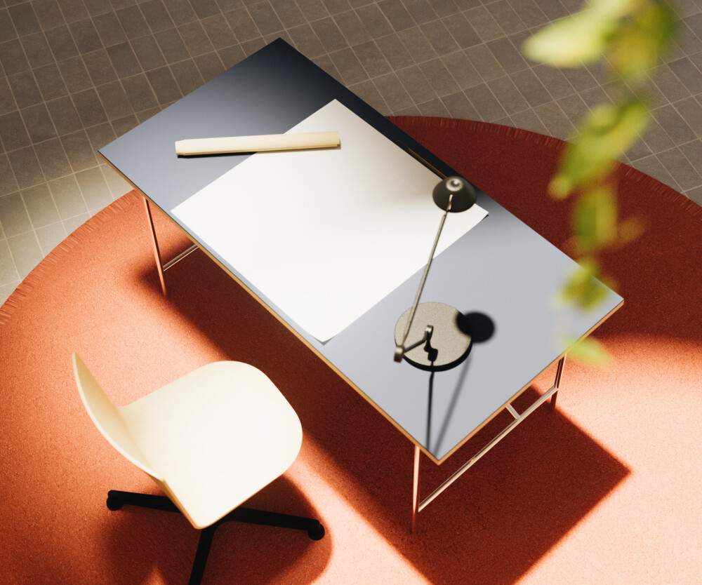 Rectangular wooden tabletop lined in black linoleum mounted on a E2 aluminium table frame by Egon Eiermann