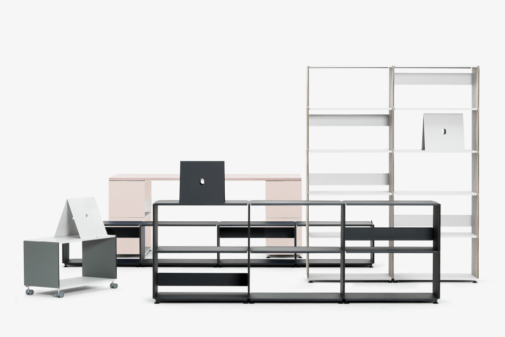 A group of Plusminus modular shelving units designed by Daniel Lorch for Faust Linoleum