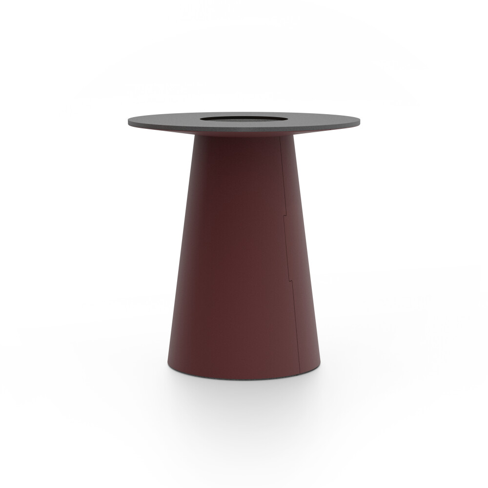 ALT (All Linoleum Table) cone-shaped table base lined with linoleum (4154 Burgundy), L Ø 45 cm, designed by Keiji Takeuchi