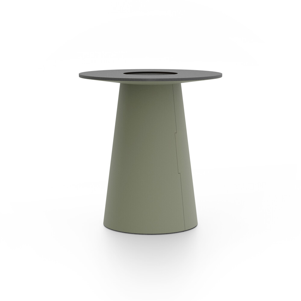 ALT (All Linoleum Table) cone-shaped table base lined with linoleum (4184 Olive), L Ø 45 cm, designed by Keiji Takeuchi