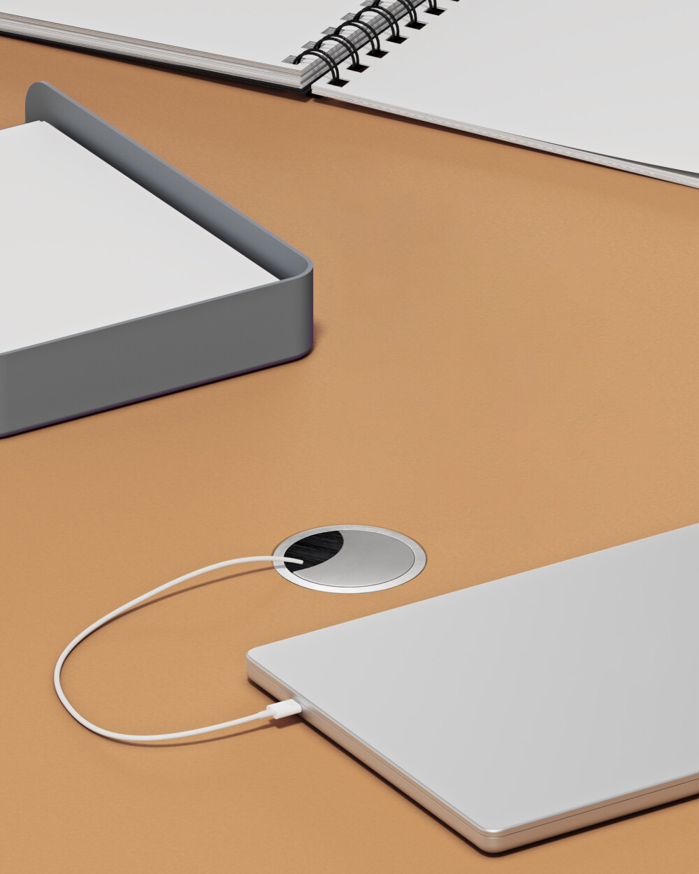 Round cable aperture from Faust with removable aluminum cover and brush insert, flush-mounted in linoleum panel.