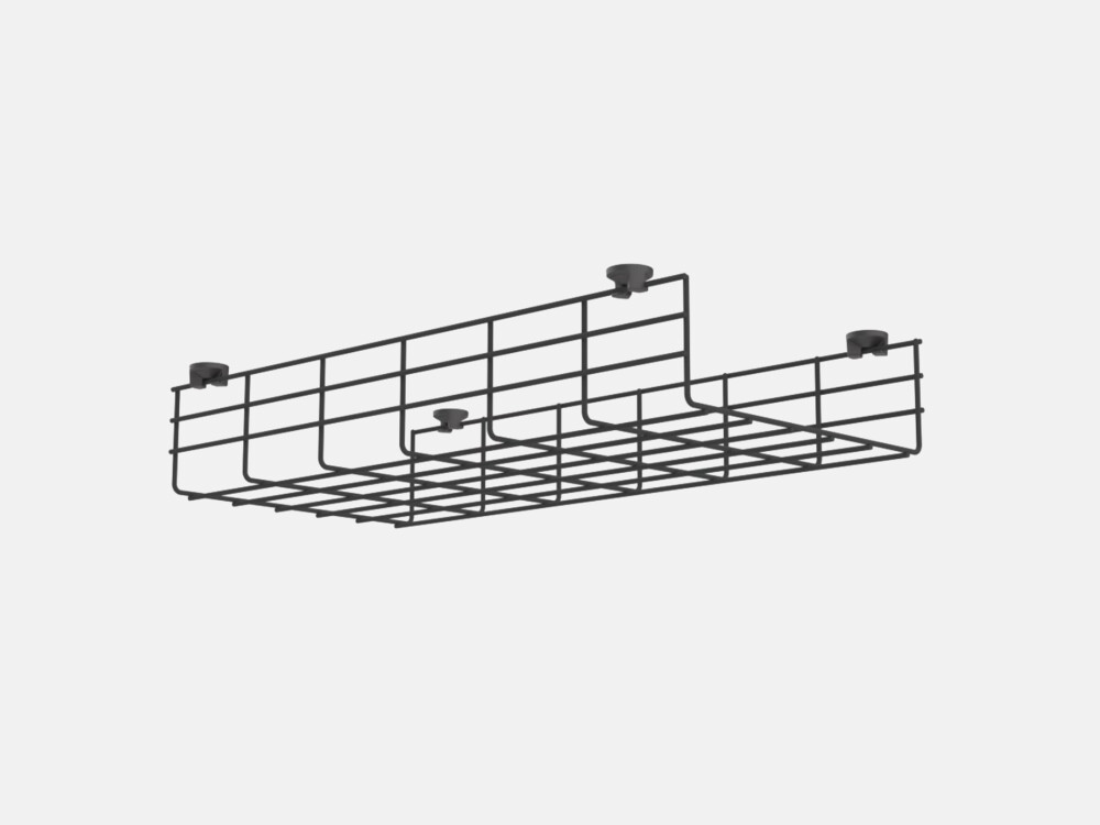 ROD cable basket by Michel Charlot for Faust - accessory for cable management under desks, made of black steel wire with side access.