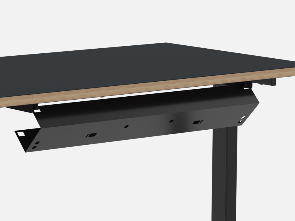 Cable duct from Faust made of powder-coated sheet steel, foldable with click mechanism, mounted under Hubert table frame.