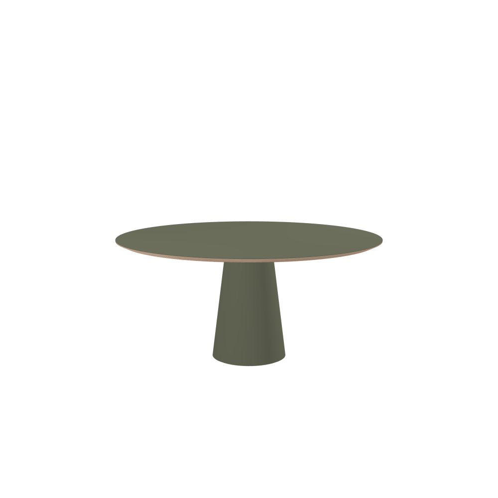 ALT Tisch - Form Rund - Länge 160,00 cm - Tiefe 160,00 cm - Stärke 2,6 cm - Freiformfläche 1.00000000 - Oberseite Linoleum, 4184 Olive - Kern Multiplex Birke - Kantenschräge 25° / ALT Tischsäule - Oberseite Linoleum, 4184 Olive - Größe L: Ø 42 × H 72 cm