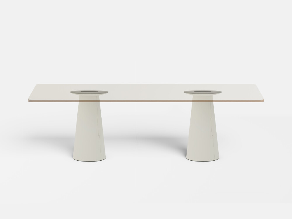 Zwei helle ALT Konusfüße mit aufliegender Tischplatte zur Veranschaulichung der Konstruktion.