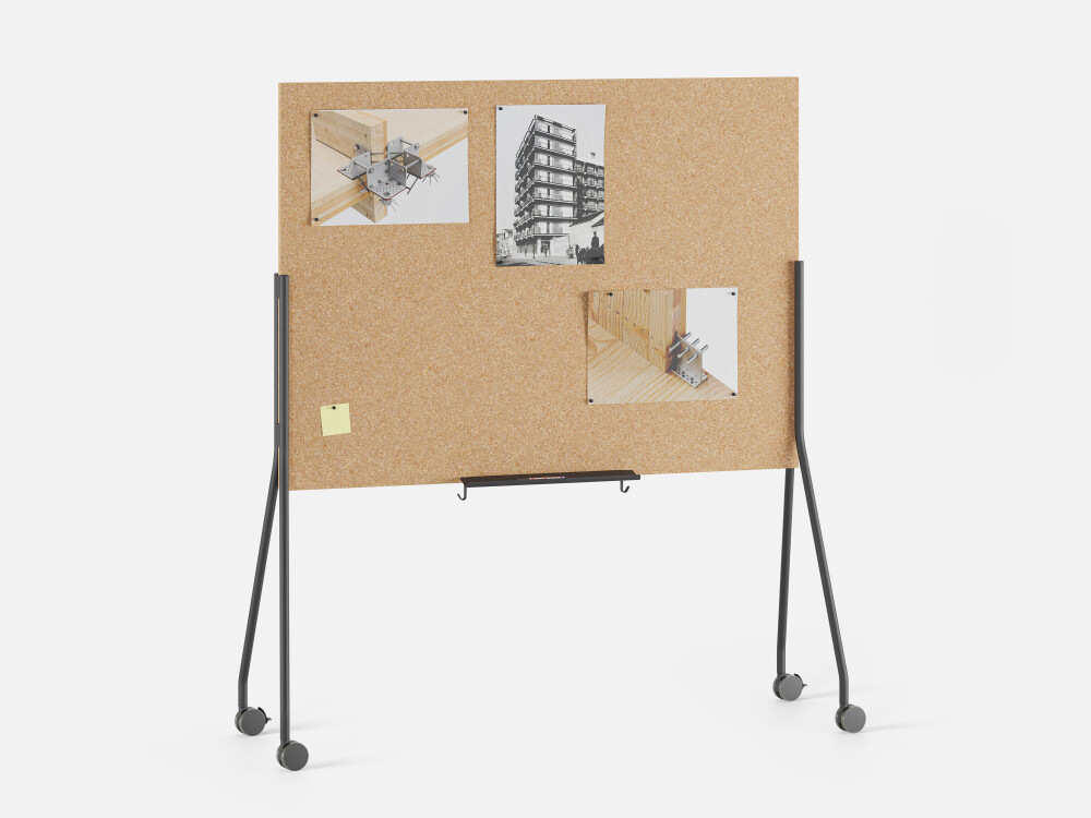 WALL Cork notice board with black storage rail and black legs on castors, with some pictures and notes pinned to it