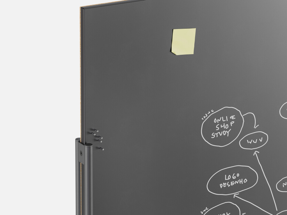 Detailed view of the black WALL pinboard with magnetic surface, labelled with white markers and a yellow sticky note.