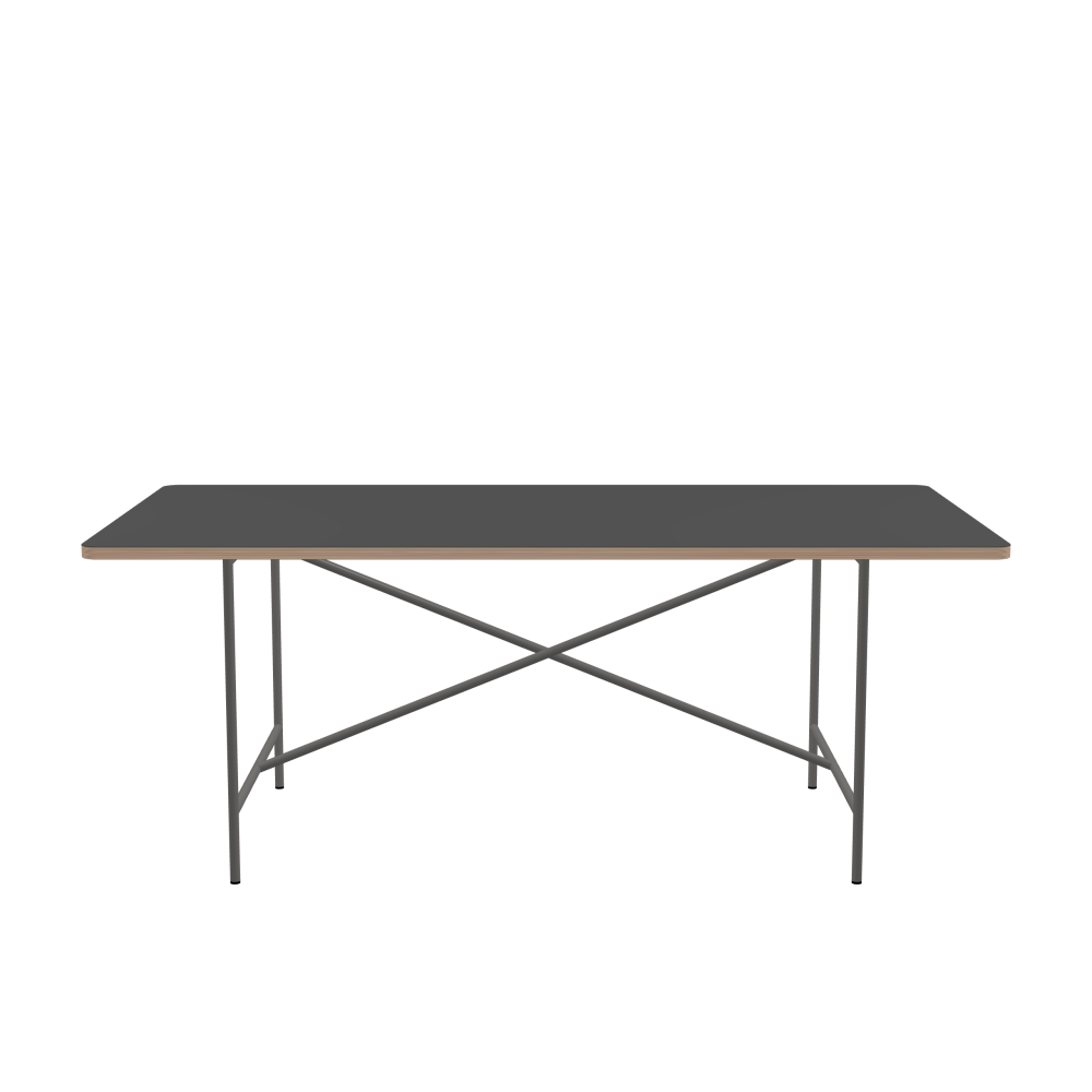 E2 Tisch - Form Eckig - Länge 190,00 cm - Tiefe 100,00 cm - Radius 4,00 cm - Stärke 2,6 cm - Freiformfläche 1.00000000 - Oberseite Linoleum, 4012 Basalt - Kern Multiplex Birke - Kantenschräge 90° / E2 Tischgestell - Material und Farbe Stahl, klarlackiert - Kreuzstreben Mittig - Länge 135 cm - Breite 78 cm - Höhe 72 cm