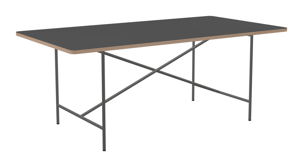 E2 Table - Shape Square - Length 190.00 cm - Width 100.00 cm - Radius 4.00 cm - Thickness 2.6 cm - Freeform 1.00000000 - Surface Linoleum, 4012 Basalt - Core Birch Plywood - Profile Edge 90° / E2 Table Frame - Material and Colour Steel, Clear-coated - Cross bar Centered - Length 135 cm - Width 78 cm - Height 72 cm