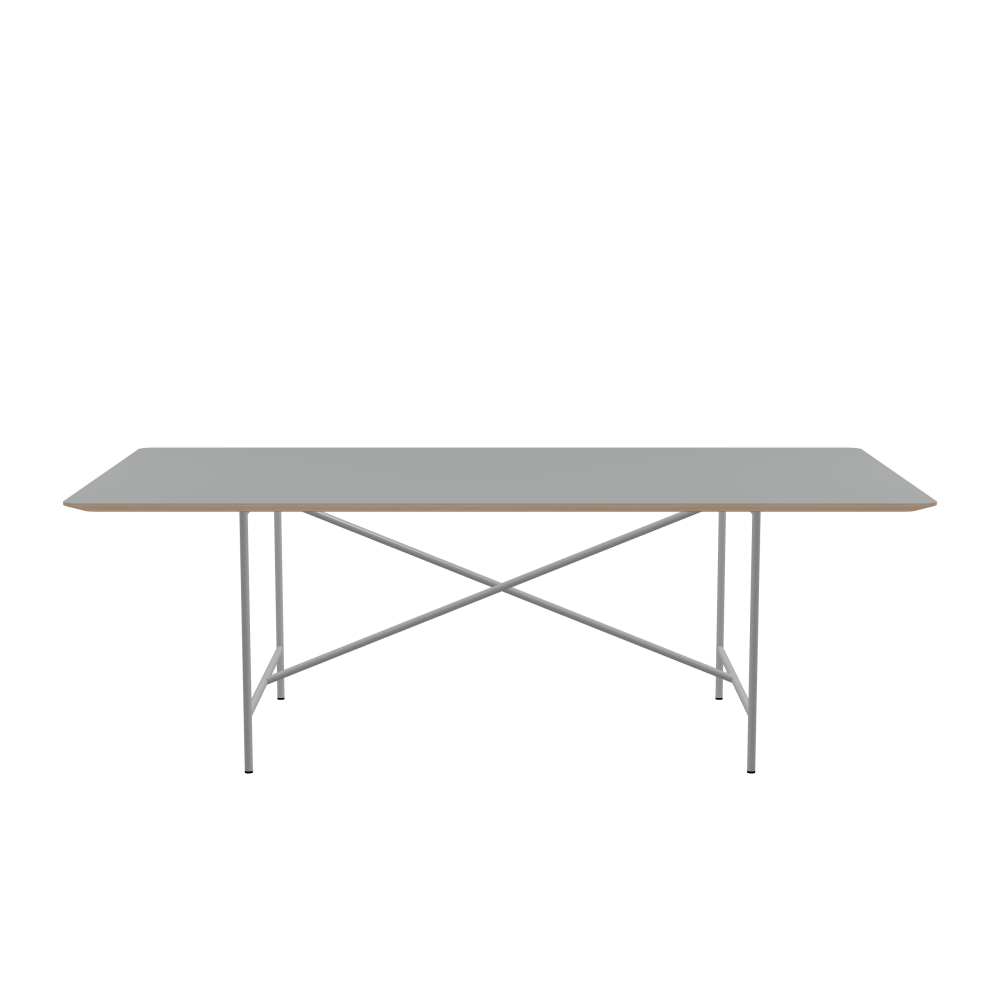 E2 Tisch - Form Eckig - Länge 220,00 cm - Tiefe 110,00 cm - Radius 4,00 cm - Stärke 2,6 cm - Freiformfläche 1.00000000 - Oberseite Linoleum, 4132 Ash - Kern Multiplex Birke - Kantenschräge 25° / E2 Tischgestell - Material und Farbe Stahl, Weißaluminium (RAL 9006) - Kreuzstreben Mittig - Länge 135 cm - Breite 78 cm - Höhe 72 cm