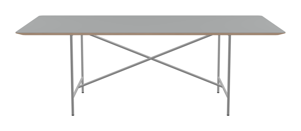 E2 Table - Shape Square - Length 220.00 cm - Width 110.00 cm - Radius 4.00 cm - Thickness 2.6 cm - Freeform 1.00000000 - Surface Linoleum, 4132 Ash - Core Birch Plywood - Profile Edge 25° / E2 Table Frame - Material and Colour Steel, White aluminium (RAL 9006) - Cross bar Centered - Length 135 cm - Width 78 cm - Height 72 cm