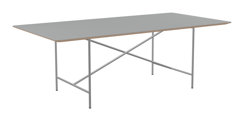 E2 Table - Shape Square - Length 220.00 cm - Width 110.00 cm - Radius 4.00 cm - Thickness 2.6 cm - Freeform 1.00000000 - Surface Linoleum, 4132 Ash - Core Birch Plywood - Profile Edge 25° / E2 Table Frame - Material and Colour Steel, White aluminium (RAL 9006) - Cross bar Centered - Length 135 cm - Width 78 cm - Height 72 cm