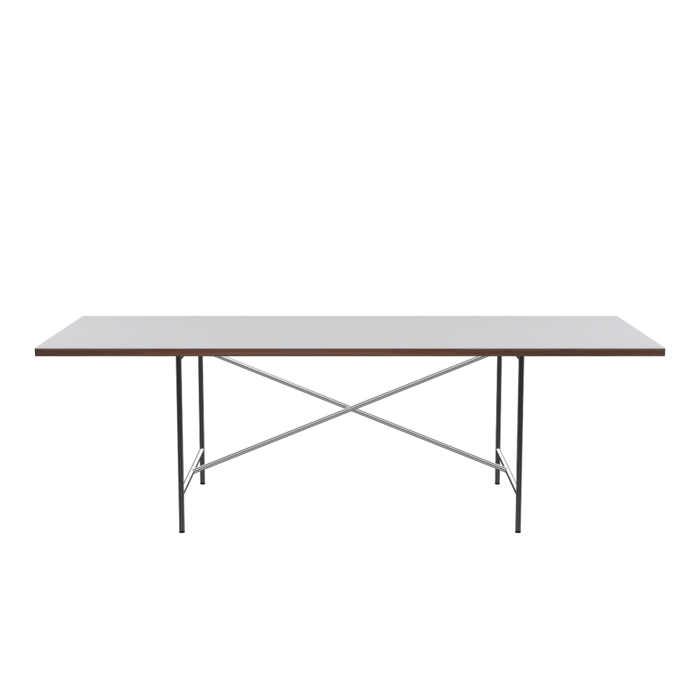 E2 Tisch - Form Eckig - Länge 240,00 cm - Tiefe 95,00 cm - Radius 1,00 cm - Stärke 3 cm - Oberseite Linoleum, 4177 Vapour - Kern Stäbchenplatte - Kante Holz, Walnuß - Kantenschräge 90° / E2 Tischgestell - Material und Farbe Stahl, Verchromt - Kreuzstreben Mittig - Länge 135 cm - Breite 78 cm - Höhe 72 cm