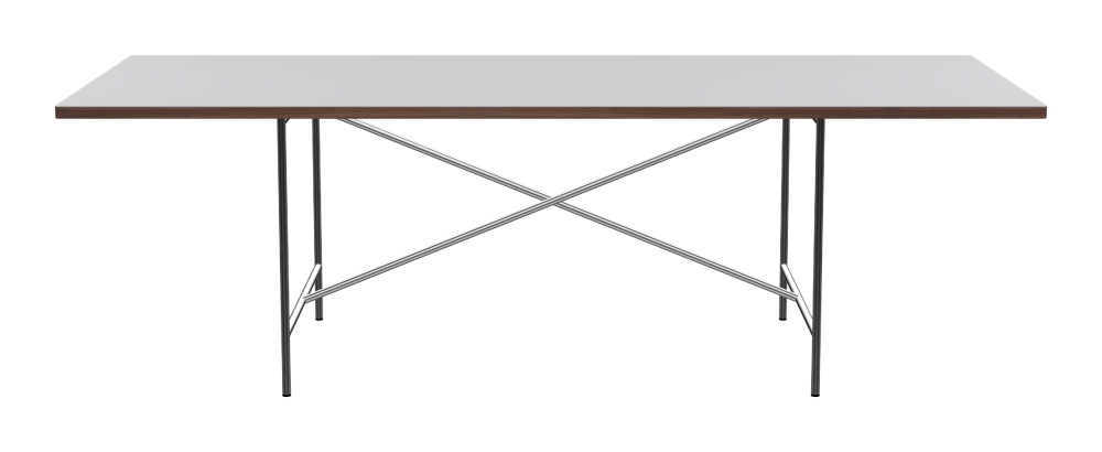 E2 Table - Shape Square - Length 240.00 cm - Width 95.00 cm - Radius 1.00 cm - Thickness 3 cm - Surface Linoleum, 4177 Vapour - Core Laminboard - Edge Wood, Walnut - Profile Edge 90° / E2 Table Frame - Material and Colour Steel, Chrome-plated - Cross bar Centered - Length 135 cm - Width 78 cm - Height 72 cm