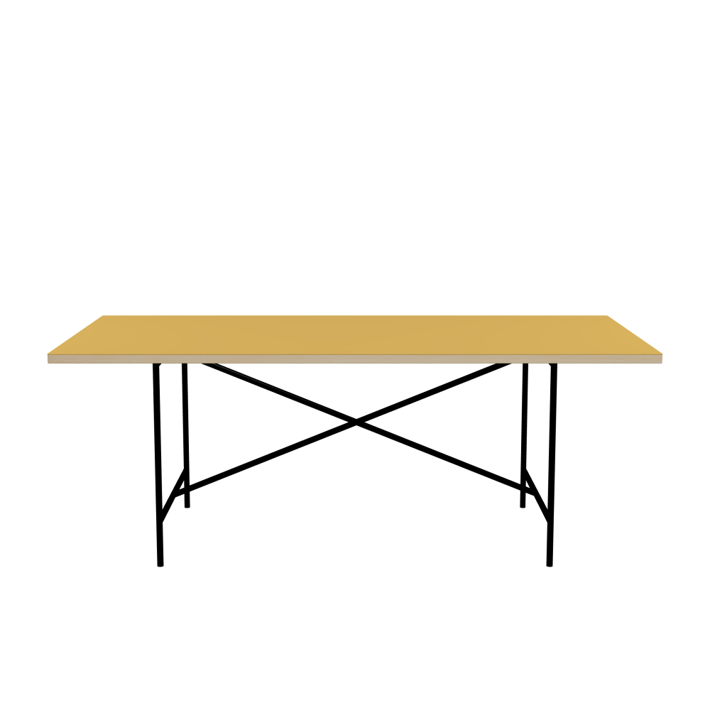 E2 Tisch - Form Eckig - Länge 200,00 cm - Tiefe 100,00 cm - Radius 1,00 cm - Stärke 3 cm - Oberseite Linoleum, S588 Pure Linoleum - Kern Stäbchenplatte - Kante Holz, Esche - Kantenschräge 90° / E2 Tischgestell - Material und Farbe Stahl, Tiefschwarz (RAL 9005) - Kreuzstreben Mittig - Länge 135 cm - Breite 78 cm - Höhe 72 cm