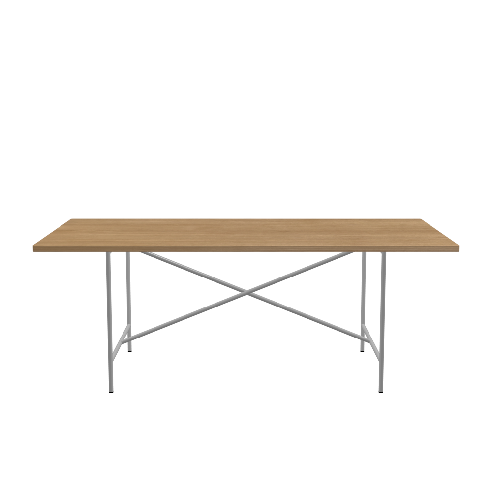 E2 Tisch - Form Eckig - Länge 200,00 cm - Tiefe 100,00 cm - Radius 1,00 cm - Stärke 2,9 cm - Oberseite Holzfurnier, Eiche - Kern Stäbchenplatte - Kante Holz, Eiche - Kantenschräge 90° / E2 Tischgestell - Material und Farbe Stahl, Weißaluminium (RAL 9006) - Kreuzstreben Mittig - Länge 135 cm - Breite 78 cm - Höhe 72 cm