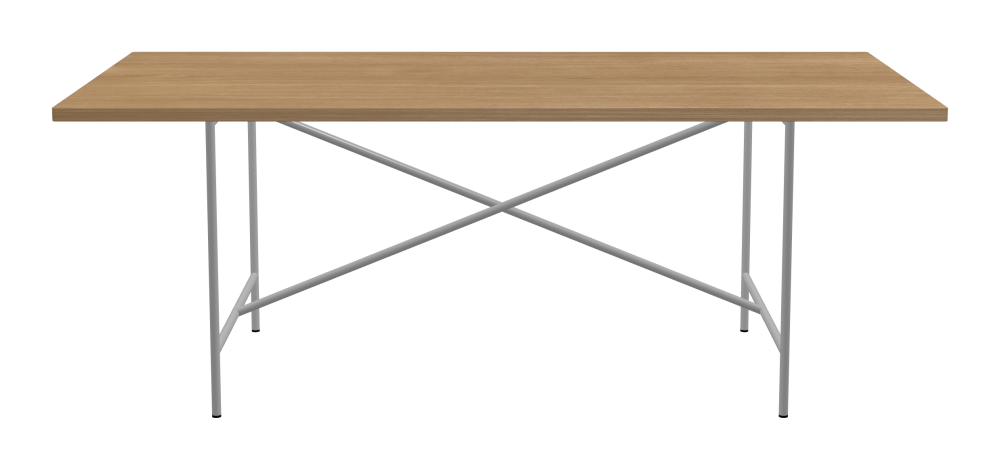 E2 Tisch - Form Eckig - Länge 200,00 cm - Tiefe 100,00 cm - Radius 1,00 cm - Stärke 2,9 cm - Oberseite Holzfurnier, Eiche - Kern Stäbchenplatte - Kante Holz, Eiche - Kantenschräge 90° / E2 Tischgestell - Material und Farbe Stahl, Weißaluminium (RAL 9006) - Kreuzstreben Mittig - Länge 135 cm - Breite 78 cm - Höhe 72 cm