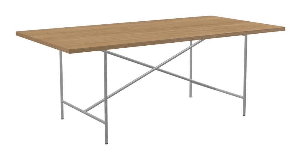 E2 Tisch - Form Eckig - Länge 200,00 cm - Tiefe 100,00 cm - Radius 1,00 cm - Stärke 2,9 cm - Oberseite Holzfurnier, Eiche - Kern Stäbchenplatte - Kante Holz, Eiche - Kantenschräge 90° / E2 Tischgestell - Material und Farbe Stahl, Weißaluminium (RAL 9006) - Kreuzstreben Mittig - Länge 135 cm - Breite 78 cm - Höhe 72 cm