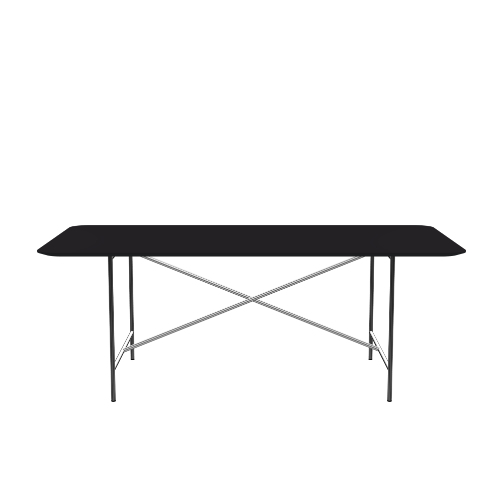 E2 Tisch - Form Eckig - Länge 200,00 cm - Tiefe 100,00 cm - Radius 10,00 cm - Stärke 2,1 cm - Freiformfläche 1.00000000 - Oberseite Linoleum, 4166 Charcoal - Kern MDF - Kante MDF, Schwarz - Kantenschräge 25° / E2 Tischgestell - Material und Farbe Stahl, Verchromt - Kreuzstreben Mittig - Länge 135 cm - Breite 78 cm - Höhe 72 cm