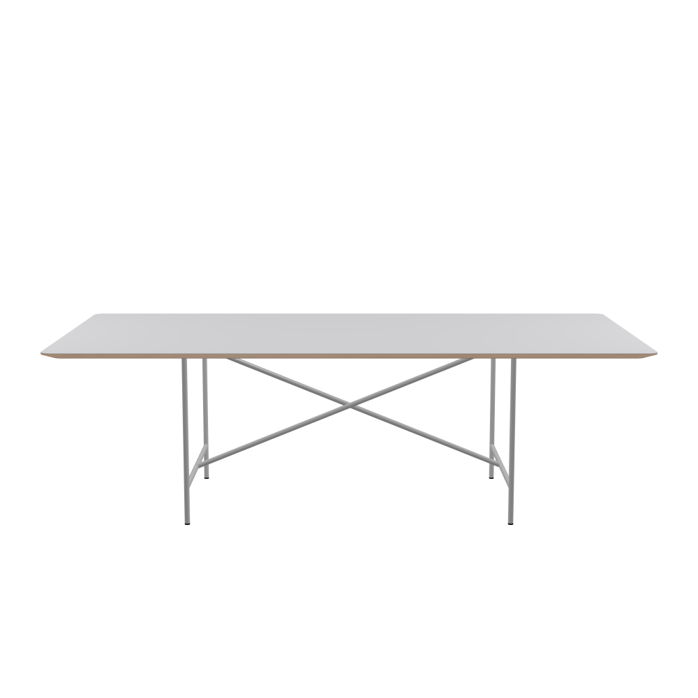 E2 Tisch - Form Eckig - Länge 240,00 cm - Tiefe 120,00 cm - Radius 4,00 cm - Stärke 2,6 cm - Freiformfläche 1.00000000 - Oberseite Linoleum, 4177 Vapour - Kern Multiplex Birke - Kantenschräge 25° / E2 Tischgestell - Material und Farbe Stahl, Weißaluminium (RAL 9006) - Kreuzstreben Mittig - Länge 135 cm - Breite 78 cm - Höhe 72 cm