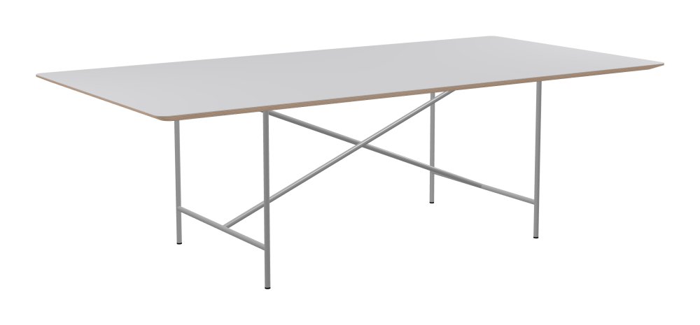 E2 Table - Shape Square - Length 240.00 cm - Width 120.00 cm - Radius 4.00 cm - Thickness 2.6 cm - Freeform 1.00000000 - Surface Linoleum, 4177 Vapour - Core Birch Plywood - Profile Edge 25° / E2 Table Frame - Material and Colour Steel, White aluminium (RAL 9006) - Cross bar Centered - Length 135 cm - Width 78 cm - Height 72 cm