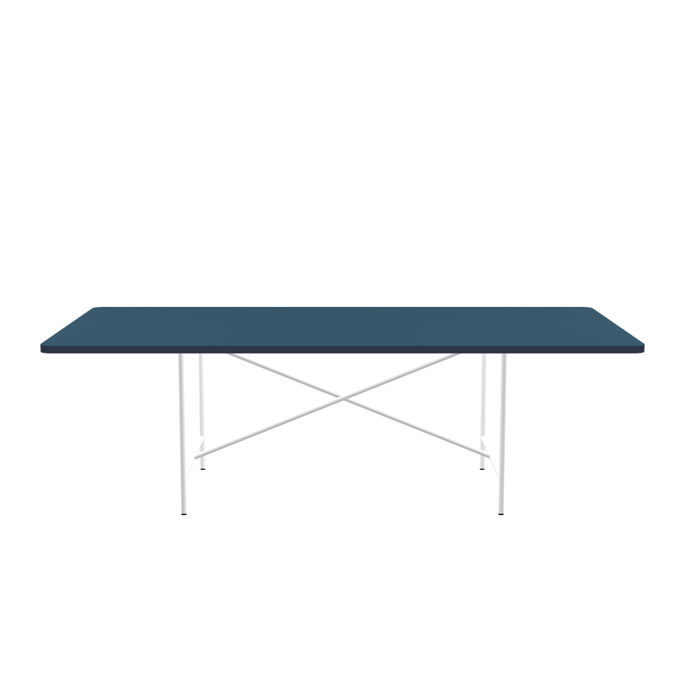 E2 Tisch - Form Eckig - Länge 240,00 cm - Tiefe 120,00 cm - Radius 5,00 cm - Stärke 3 cm - Freiformfläche 1.00000000 - Oberseite Linoleum, 4005 Denim - Kern Stäbchenplatte - Kante Linoleum, 4179 Smokey Blue - Kantenschräge 90° / E2 Tischgestell - Material und Farbe Stahl, Verkehrsweiß (RAL 9016) - Kreuzstreben Mittig - Länge 135 cm - Breite 78 cm - Höhe 72 cm