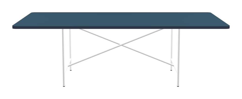 E2 Table - Shape Square - Length 240.00 cm - Width 120.00 cm - Radius 5.00 cm - Thickness 3 cm - Freeform 1.00000000 - Surface Linoleum, 4005 Denim - Core Laminboard - Edge Linoleum, 4179 Smokey Blue - Profile Edge 90° / E2 Table Frame - Material and Colour Steel, Traffic white (RAL 9016) - Cross bar Centered - Length 135 cm - Width 78 cm - Height 72 cm