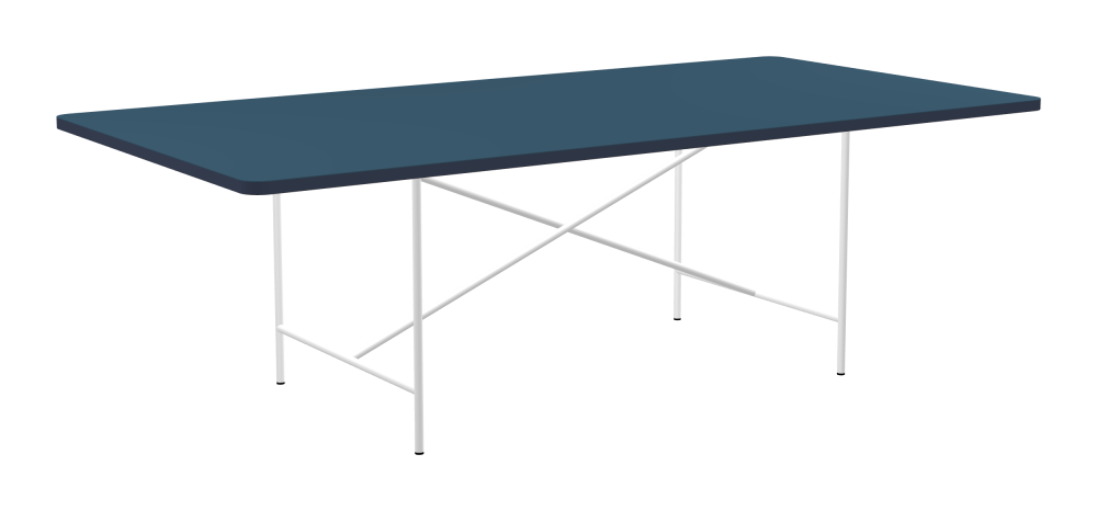 E2 Table - Shape Square - Length 240.00 cm - Width 120.00 cm - Radius 5.00 cm - Thickness 3 cm - Freeform 1.00000000 - Surface Linoleum, 4005 Denim - Core Laminboard - Edge Linoleum, 4179 Smokey Blue - Profile Edge 90° / E2 Table Frame - Material and Colour Steel, Traffic white (RAL 9016) - Cross bar Centered - Length 135 cm - Width 78 cm - Height 72 cm