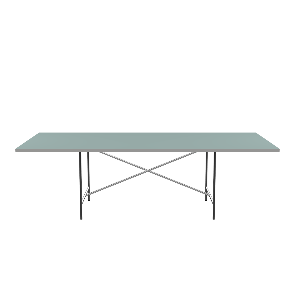 E2 Tisch - Form Eckig - Länge 250,00 cm - Tiefe 120,00 cm - Radius 0,30 cm - Stärke 3 cm - Oberseite Linoleum, 4004 Blue Haze - Kern Stäbchenplatte - Kante Linoleum, 4175 Pebble - Kantenschräge 90° / E2 Tischgestell - Material und Farbe Stahl, Verchromt - Kreuzstreben Mittig - Länge 135 cm - Breite 78 cm - Höhe 72 cm