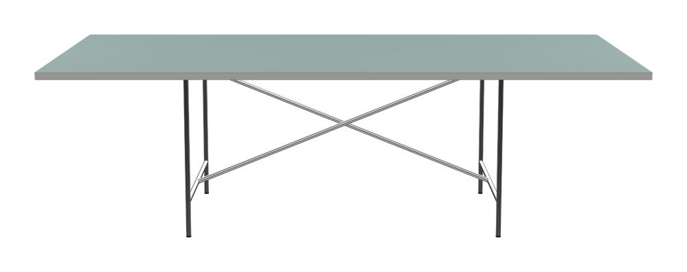E2 Table - Shape Square - Length 250.00 cm - Width 120.00 cm - Radius 0.30 cm - Thickness 3 cm - Surface Linoleum, 4004 Blue Haze - Core Laminboard - Edge Linoleum, 4175 Pebble - Profile Edge 90° / E2 Table Frame - Material and Colour Steel, Chrome-plated - Cross bar Centered - Length 135 cm - Width 78 cm - Height 72 cm