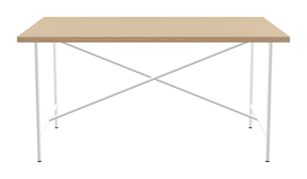 E2 Table - Shape Square - Length 150.00 cm - Width 90.00 cm - Radius 0.30 cm - Thickness 3 cm - Surface Linoleum, 4007 Macadamia - Core Laminboard - Edge Wood, Larch - Profile Edge 90° / E2 Table Frame - Material and Colour Steel, Traffic white (RAL 9016) - Cross bar Centered - Length 135 cm - Width 70 cm - Height 72 cm
