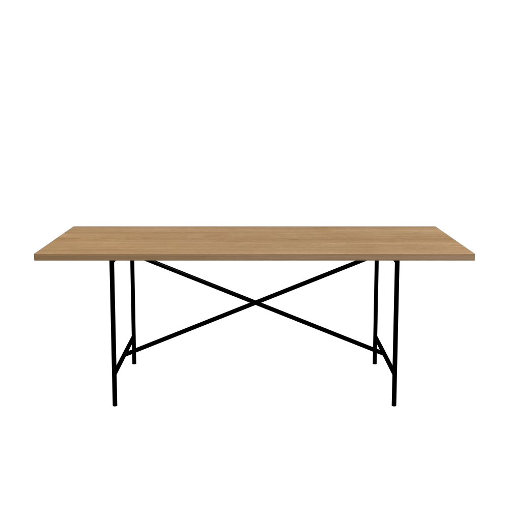 E2 Tisch - Form Eckig - Länge 200,00 cm - Tiefe 100,00 cm - Radius 1,00 cm - Stärke 2,9 cm - Oberseite Holzfurnier, Eiche - Kern Stäbchenplatte - Kante Holz, Eiche - Kantenschräge 90° / E2 Tischgestell - Material und Farbe Stahl, Tiefschwarz (RAL 9005) - Kreuzstreben Mittig - Länge 135 cm - Breite 78 cm - Höhe 72 cm