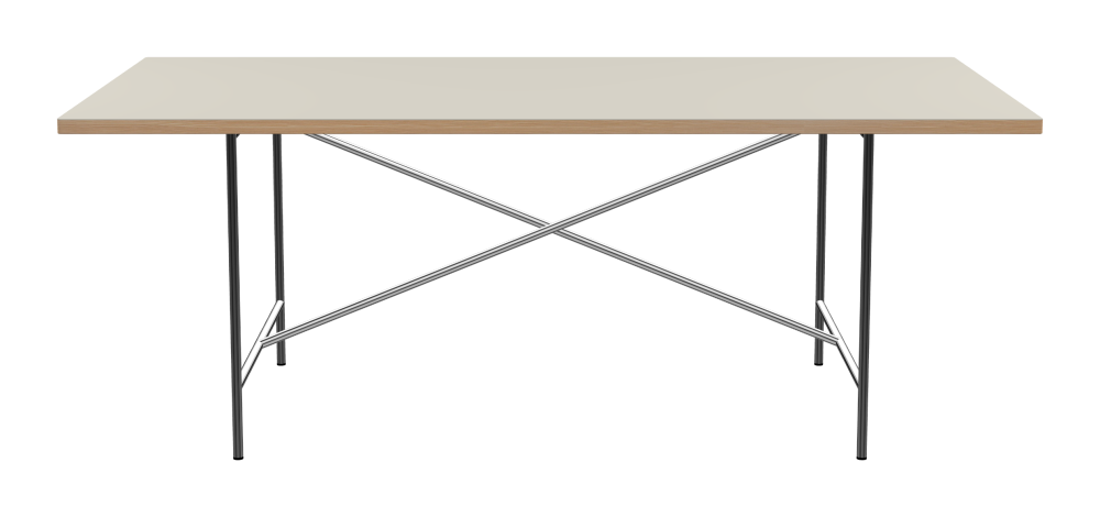 E2 Table - Shape Square - Length 200.00 cm - Width 100.00 cm - Radius 1.00 cm - Thickness 3 cm - Surface Linoleum, 4176 Mushroom - Core Laminboard - Edge Wood, Larch - Profile Edge 90° / E2 Table Frame - Material and Colour Steel, Chrome-plated - Cross bar Centered - Length 135 cm - Width 78 cm - Height 72 cm