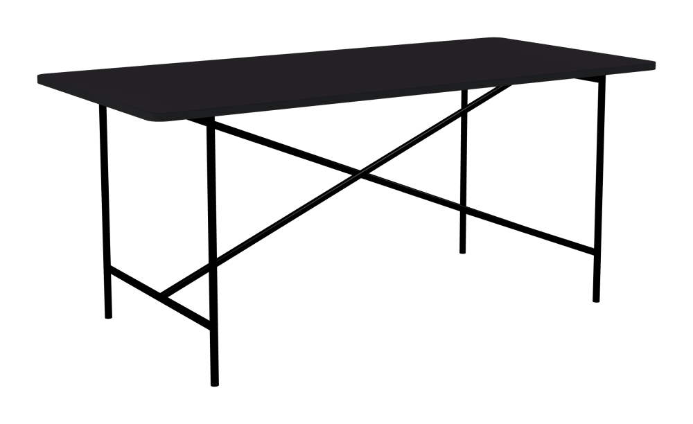 E2 Table - Shape Square - Length 170.00 cm - Width 80.00 cm - Radius 4.00 cm - Thickness 2.1 cm - Freeform 1.00000000 - Surface Linoleum, 4166 Charcoal - Core MDF - Edge MDF, Black - Profile Edge 90° / E2 Table Frame - Material and Colour Steel, Jet black (RAL 9005) - Cross bar Centered - Length 135 cm - Width 70 cm - Height 72 cm