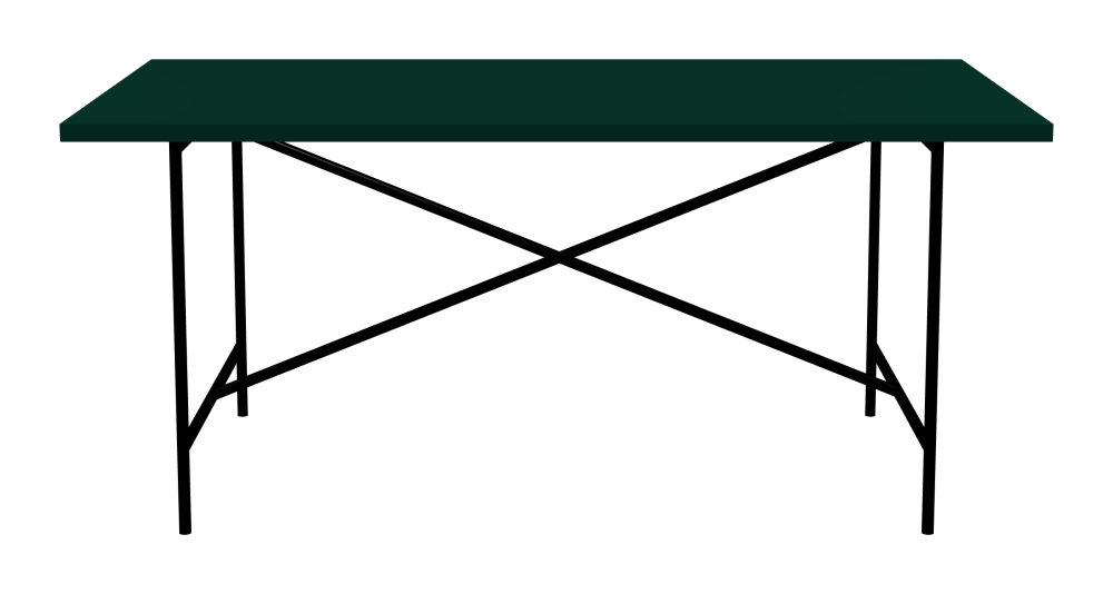E2 Table - Shape Square - Length 170.00 cm - Width 90.00 cm - Radius 0.30 cm - Thickness 3 cm - Surface Linoleum, 4174 Conifer - Core Laminboard - Edge Linoleum, 4174 Conifer - Profile Edge 90° / E2 Table Frame - Material and Colour Steel, Jet black (RAL 9005) - Cross bar Centered - Length 135 cm - Width 78 cm - Height 72 cm