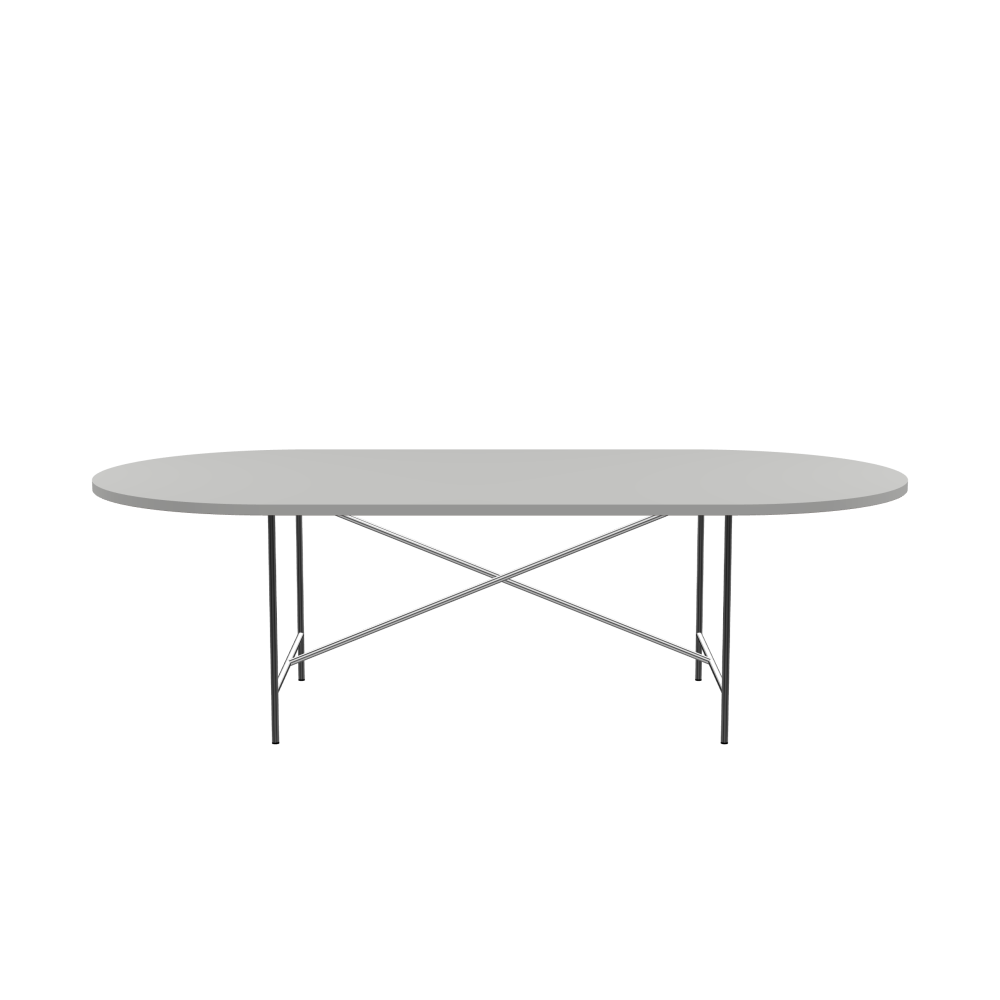 E2 Tisch - Form Eckig - Länge 250,00 cm - Tiefe 120,00 cm - Radius 60,00 cm - Stärke 3 cm - Freiformfläche 1.00000000 - Oberseite Linoleum, 4175 Pebble - Kern Stäbchenplatte - Kante Linoleum, 4175 Pebble - Kantenschräge 90° / E2 Tischgestell - Material und Farbe Stahl, Verchromt - Kreuzstreben Mittig - Länge 135 cm - Breite 78 cm - Höhe 72 cm