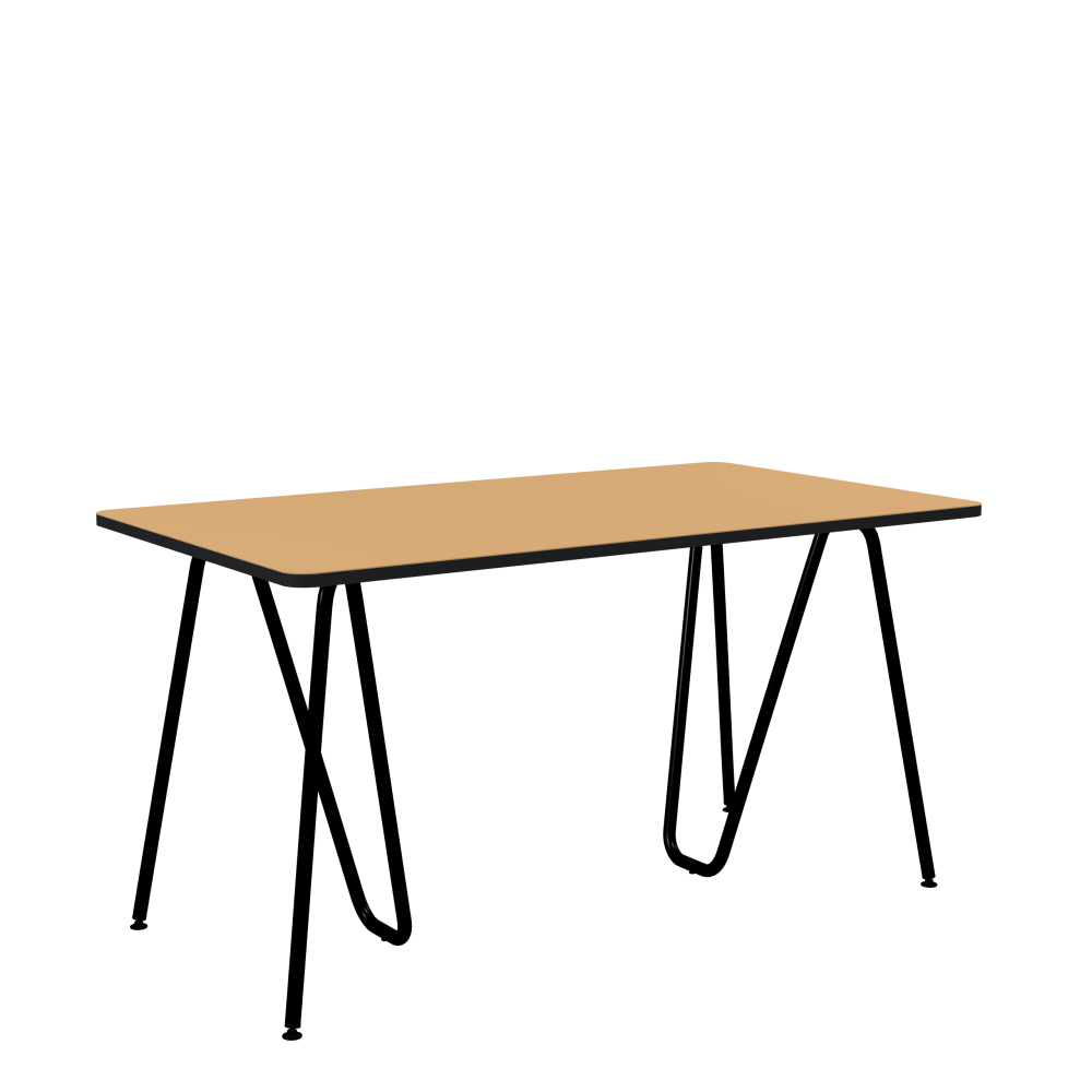 SINUS Table - Shape Square - Length 140.00 cm - Width 80.00 cm - Radius 4.00 cm - Thickness 2.1 cm - Freeform 1.00000000 - Surface Linoleum, 4001 Clay - Core MDF - Edge MDF, Black - Profile Edge 90° / SINUS Trestles - Material and Colour Steel, Powder-coated, Jet black (RAL 9005) - Size M: L 63 × W 36 × H 72 cm