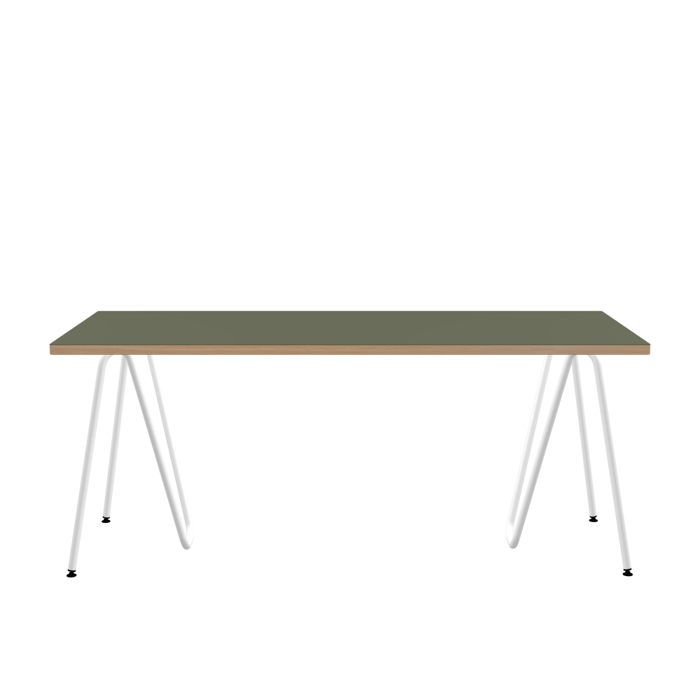 SINUS Tisch - Form Eckig - Länge 180,00 cm - Tiefe 80,00 cm - Radius 1,00 cm - Stärke 3 cm - Oberseite Linoleum, 4184 Olive - Kern Stäbchenplatte - Kante Holz, Lärche - Kantenschräge 90° / SINUS Tischböcke - Material und Farbe Stahl, Pulverbeschichtet, Verkehrsweiß (RAL 9016) - Größe M: L 63 × B 36 × H 72 cm