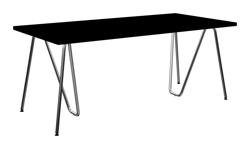 SINUS Tisch - Form Eckig - Länge 180,00 cm - Tiefe 90,00 cm - Radius 0,30 cm - Stärke 3 cm - Oberseite Linoleum, 4023 Nero - Kern Stäbchenplatte - Kante Linoleum, 4023 Nero - Kantenschräge 90° / SINUS Tischböcke - Material und Farbe Stahl, Verchromt - Größe L: L 74 × B 36 × H 72 cm