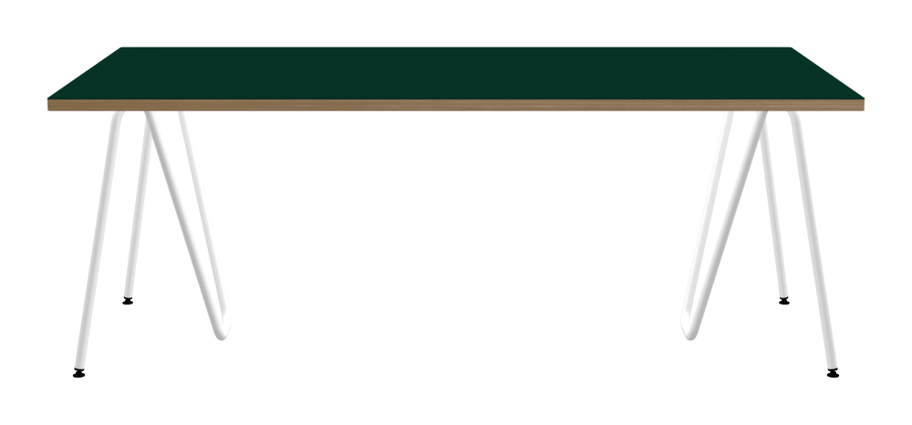 SINUS Tisch - Form Eckig - Länge 200,00 cm - Tiefe 100,00 cm - Radius 1,00 cm - Stärke 3 cm - Oberseite Linoleum, 4174 Conifer - Kern Stäbchenplatte - Kante Holz, Eiche - Kantenschräge 90° / SINUS Tischböcke - Material und Farbe Stahl, Pulverbeschichtet, Verkehrsweiß (RAL 9016) - Größe L: L 74 × B 36 × H 72 cm