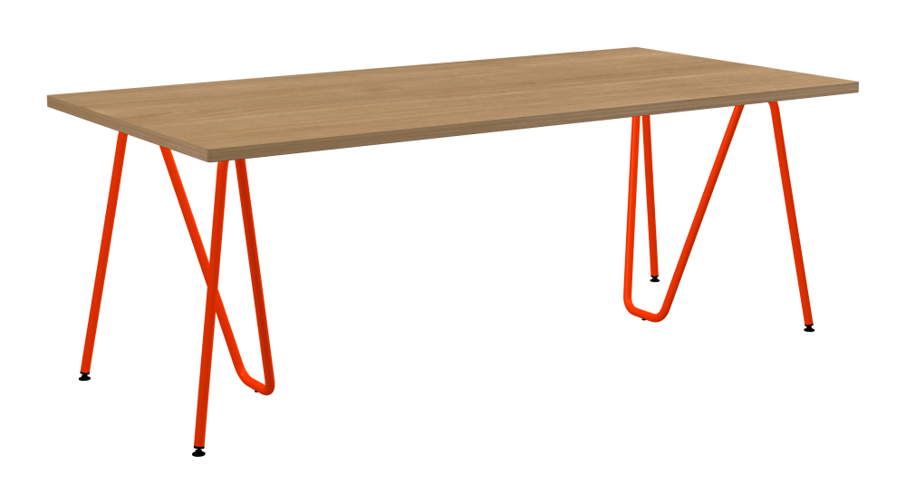 SINUS Tisch - Form Eckig - Länge 200,00 cm - Tiefe 100,00 cm - Radius 1,00 cm - Stärke 2,9 cm - Oberseite Holzfurnier, Eiche - Kern Stäbchenplatte - Kante Holz, Eiche - Kantenschräge 90° / SINUS Tischböcke - Material und Farbe Stahl, Pulverbeschichtet, Blutorange (RAL 2002) - Größe L: L 74 × B 36 × H 72 cm
