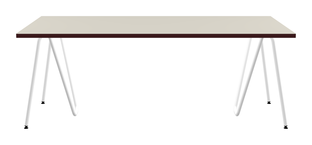 SINUS Table - Shape Square - Length 200.00 cm - Width 100.00 cm - Radius 0.30 cm - Thickness 3 cm - Surface Linoleum, 4176 Mushroom - Core Laminboard - Edge Linoleum, 4154 Burgundy - Profile Edge 90° / SINUS Trestles - Material and Colour Steel, Powder-coated, Traffic white (RAL 9016) - Size L: L 74 × W 36 × H 72 cm