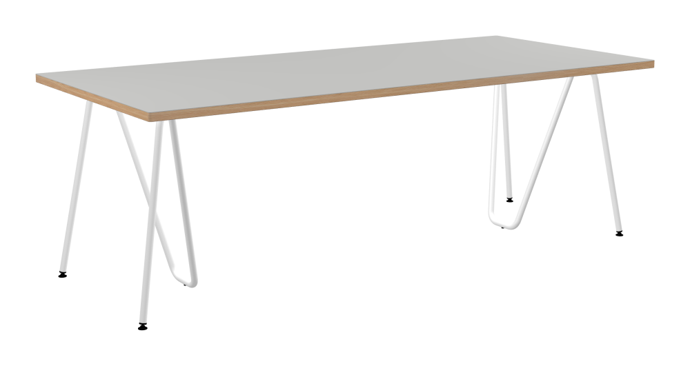 SINUS Tisch - Form Eckig - Länge 220,00 cm - Tiefe 100,00 cm - Radius 1,00 cm - Stärke 3 cm - Oberseite Linoleum, 4175 Pebble - Kern Stäbchenplatte - Kante Holz, Lärche - Kantenschräge 90° / SINUS Tischböcke - Material und Farbe Stahl, Pulverbeschichtet, Verkehrsweiß (RAL 9016) - Größe L: L 74 × B 36 × H 72 cm