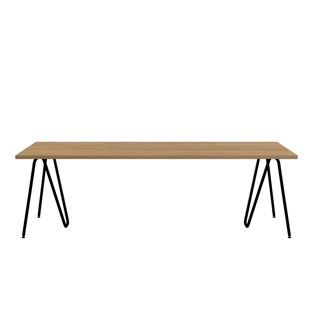 SINUS Tisch - Form Eckig - Länge 240,00 cm - Tiefe 90,00 cm - Radius 1,00 cm - Stärke 2,9 cm - Oberseite Holzfurnier, Eiche - Kern Stäbchenplatte - Kante Holz, Eiche - Kantenschräge 90° / SINUS Tischböcke - Material und Farbe Stahl, Pulverbeschichtet, Tiefschwarz (RAL 9005) - Größe L: L 74 × B 36 × H 72 cm