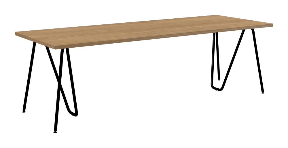 SINUS Tisch - Form Eckig - Länge 240,00 cm - Tiefe 90,00 cm - Radius 1,00 cm - Stärke 2,9 cm - Oberseite Holzfurnier, Eiche - Kern Stäbchenplatte - Kante Holz, Eiche - Kantenschräge 90° / SINUS Tischböcke - Material und Farbe Stahl, Pulverbeschichtet, Tiefschwarz (RAL 9005) - Größe L: L 74 × B 36 × H 72 cm