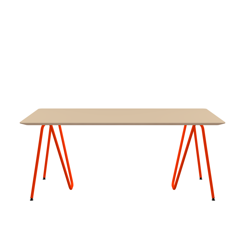 SINUS Tisch - Form Eckig - Länge 180,00 cm - Tiefe 100,00 cm - Radius 4,00 cm - Stärke 2,6 cm - Freiformfläche 1.00000000 - Oberseite Linoleum, 4007 Macadamia - Kern Multiplex Birke - Kantenschräge 25° / SINUS Tischböcke - Material und Farbe Stahl, Pulverbeschichtet, Blutorange (RAL 2002) - Größe L: L 74 × B 36 × H 72 cm