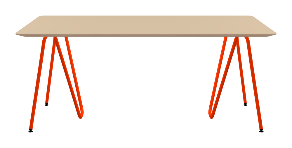 SINUS Tisch - Form Eckig - Länge 180,00 cm - Tiefe 100,00 cm - Radius 4,00 cm - Stärke 2,6 cm - Freiformfläche 1.00000000 - Oberseite Linoleum, 4007 Macadamia - Kern Multiplex Birke - Kantenschräge 25° / SINUS Tischböcke - Material und Farbe Stahl, Pulverbeschichtet, Blutorange (RAL 2002) - Größe L: L 74 × B 36 × H 72 cm